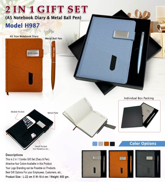 2 in 1 gift set model h987 diary and metal ball pen